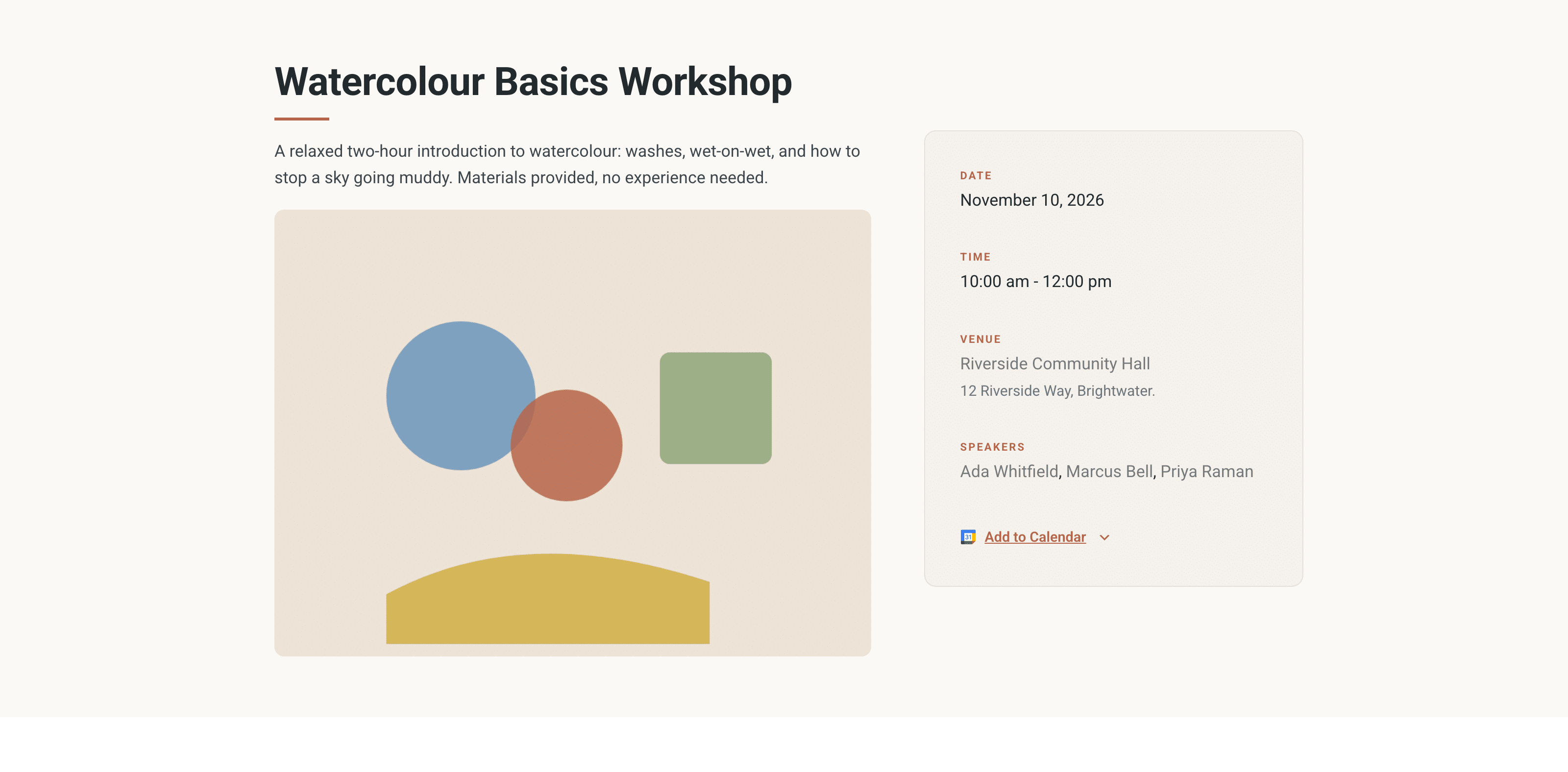 The published Watercolor Basics Workshop page.