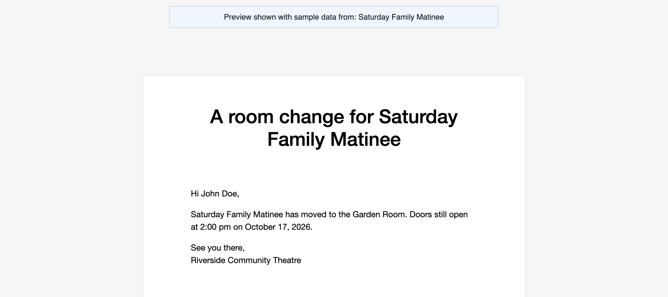 The preview showing a resolved subject and body, with a note naming the event the sample details came from.