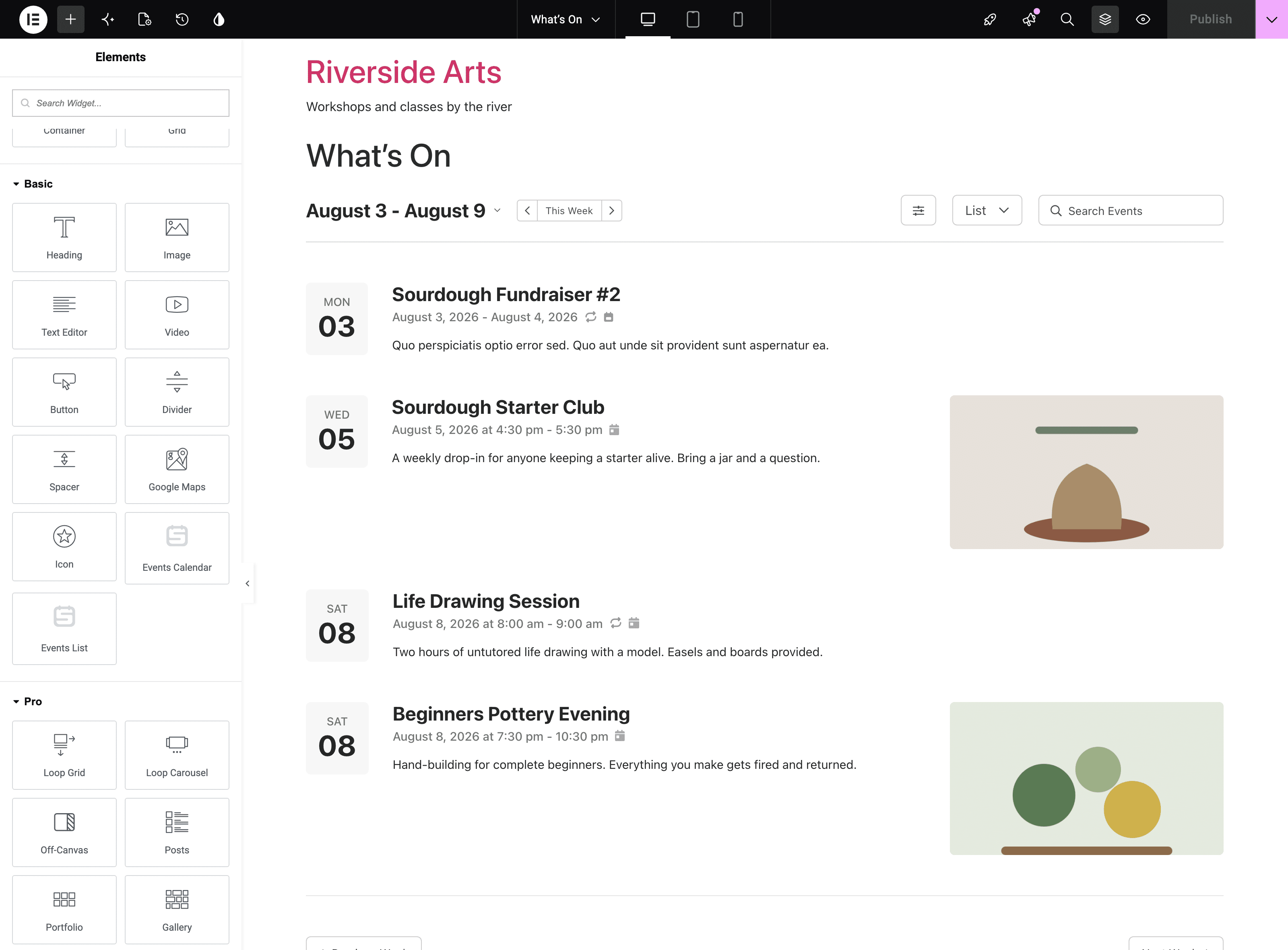 Elementor's widget panel with the Basic category open