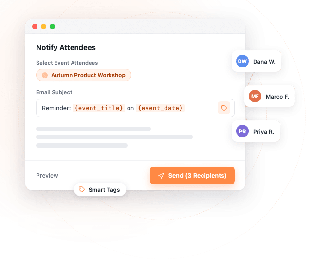 The Notify Attendees panel composing event emails in the Sugar Calendar admin