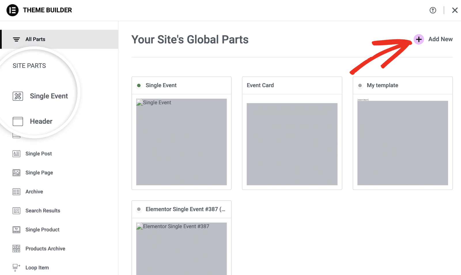 Elementor's Theme Builder with Single Event at the top of the site parts list and its Add New button