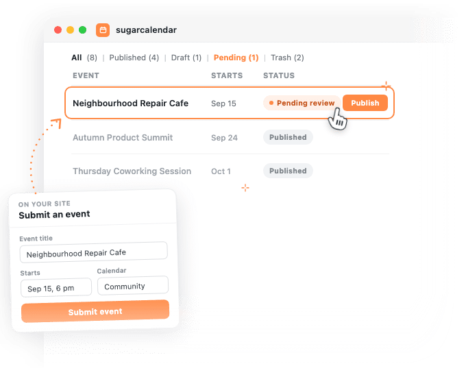Community events waiting for review in the Sugar Calendar events list