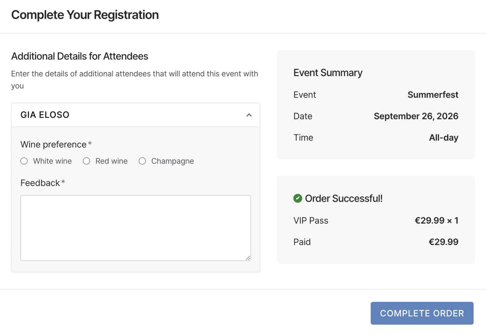 The Complete Your Registration modal after checkout