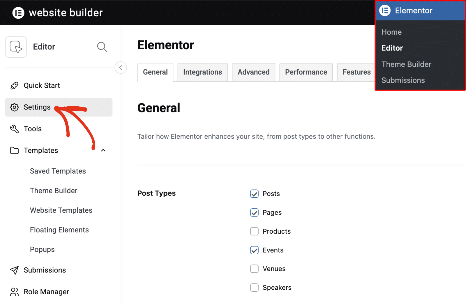 Elementor settings page