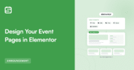 Hero banner promoting 'Design Your Event Pages in Elementor' with green left panel and diagram on the right showing event widgets and templates