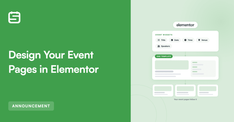 Hero banner promoting 'Design Your Event Pages in Elementor' with green left panel and diagram on the right showing event widgets and templates