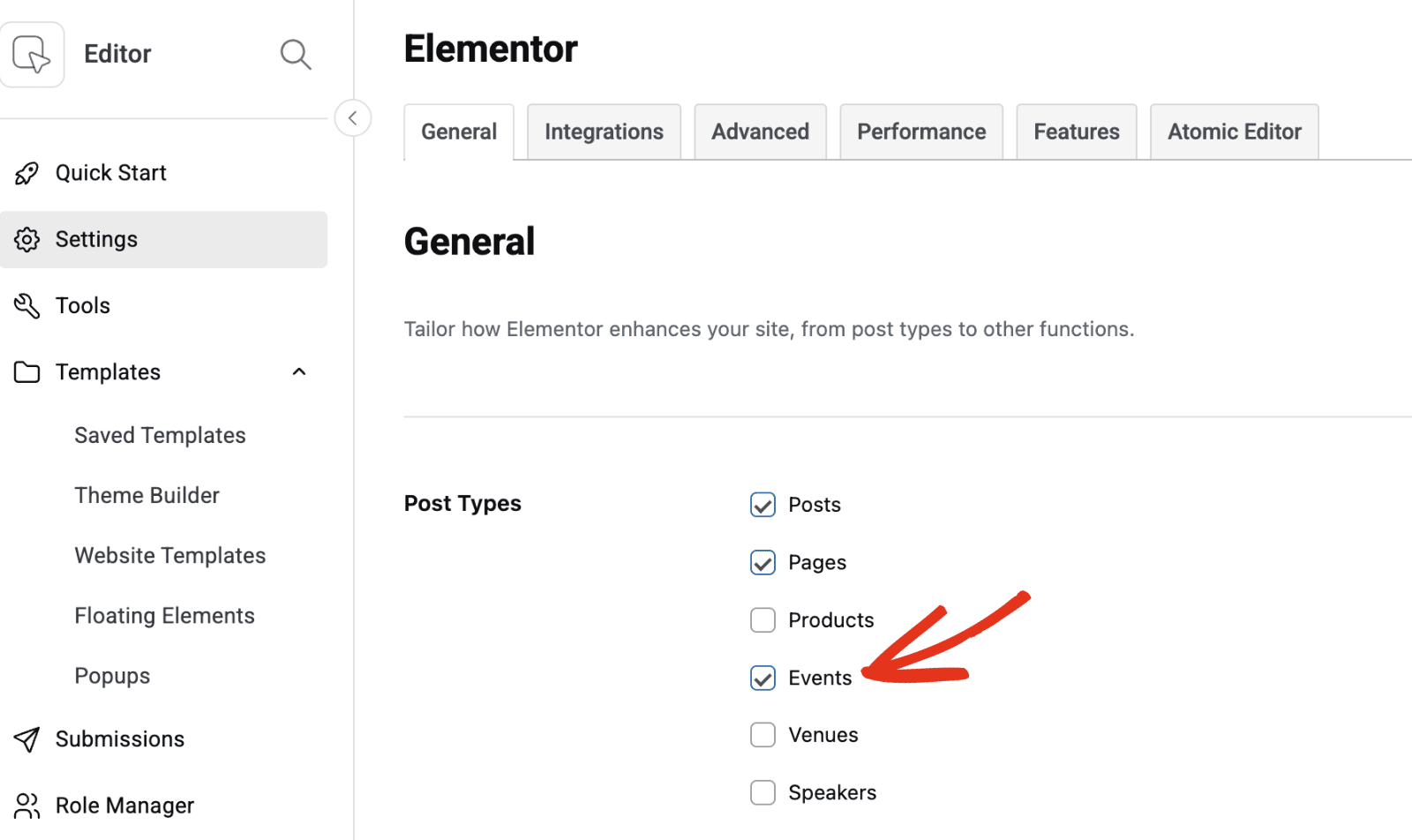 Elementor » Settings » General with the Events checkbox ticked under Post Types