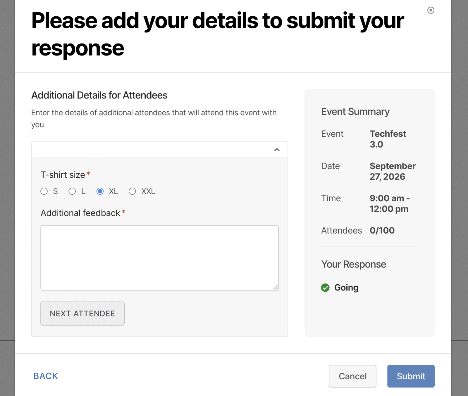 The ticket checkout step asking for attendee details