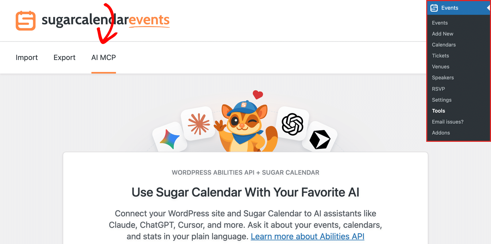 the Sugar Calendar Tools page with the AI MCP tab selected, showing the Use Sugar Calendar With Your Favorite AI banner