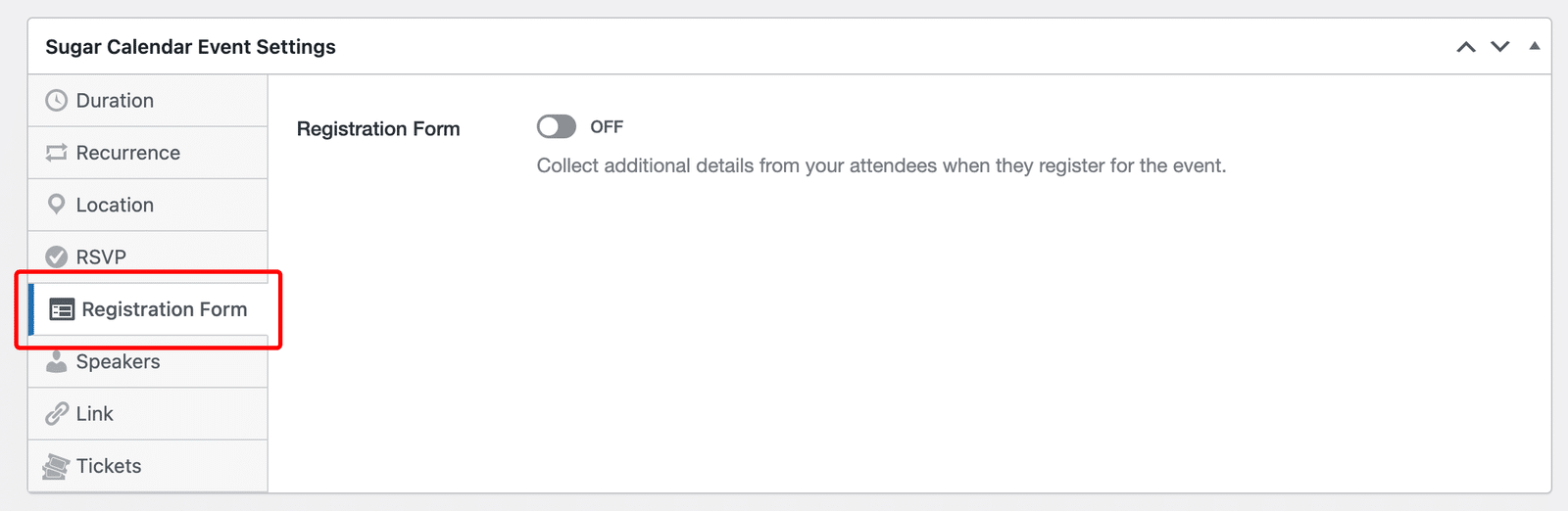 The Registration Form tab with the toggle switched off