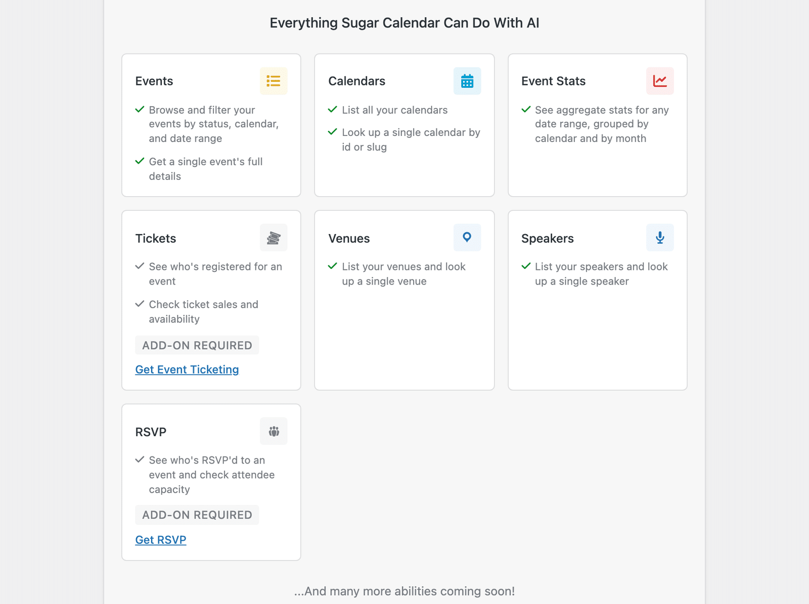 the Everything Sugar Calendar Can Do With AI section showing the Events, Calendars, Event Stats, Tickets, Venues, Speakers, and RSVP cards