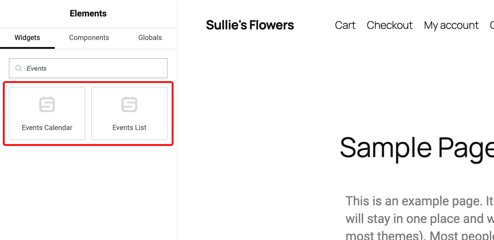 searching the Elementor widget panel for Events on an ordinary page, showing the Events Calendar and Events List widgets