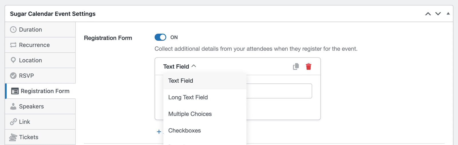 The field type list open on a field block