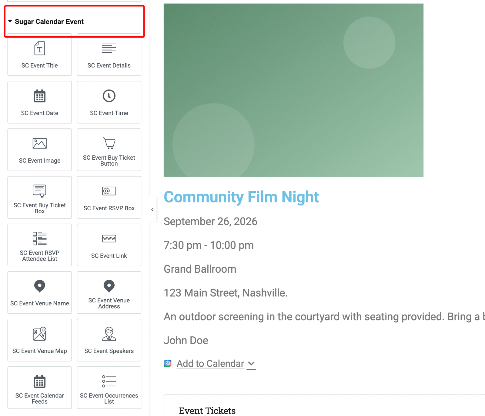 the Elementor widget panel with the Sugar Calendar Events category expanded, showing the SC Event widgets