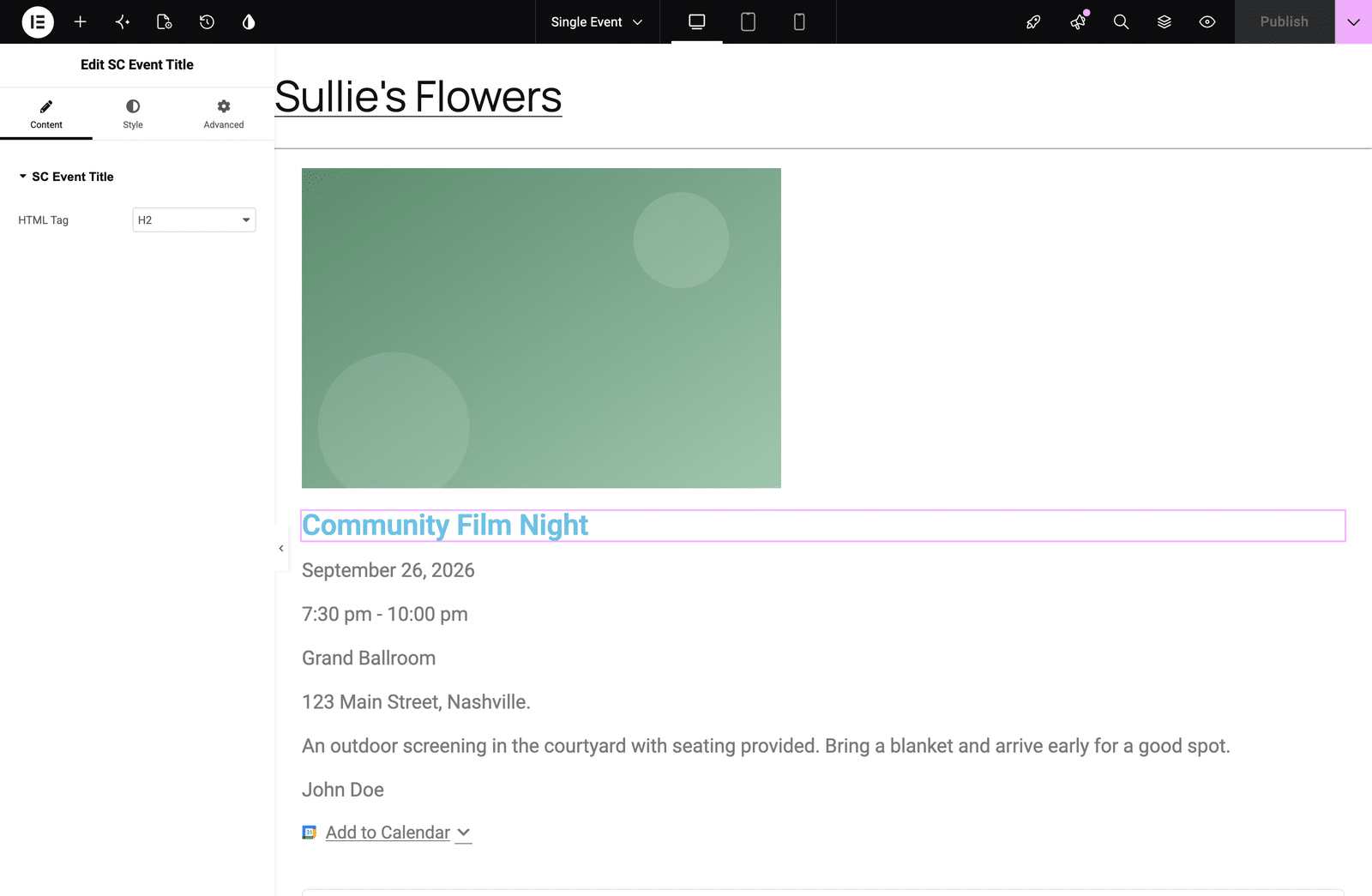 an SC Event Title widget placed in a Single Event template, showing the widget on canvas with its style controls in the left panel