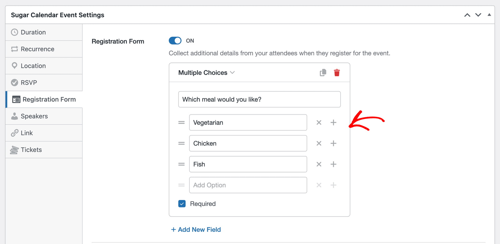 A Multiple Choices field with its option rows and controls