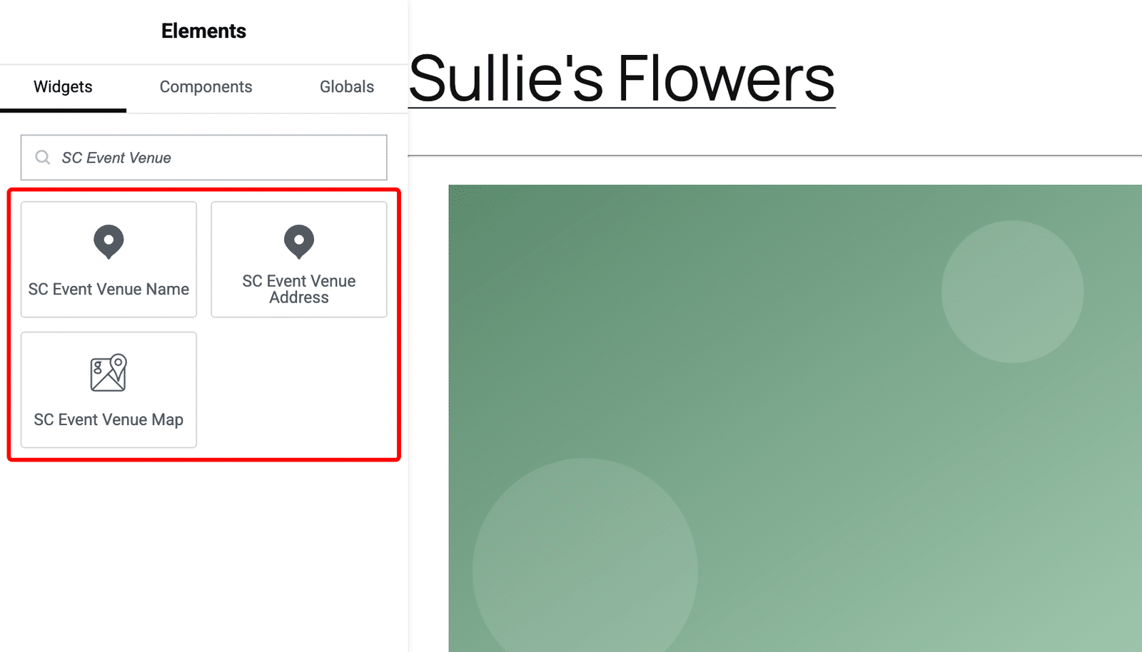 the SC Event Venue Name, Venue Address, and Venue Map widgets in the Elementor panel
