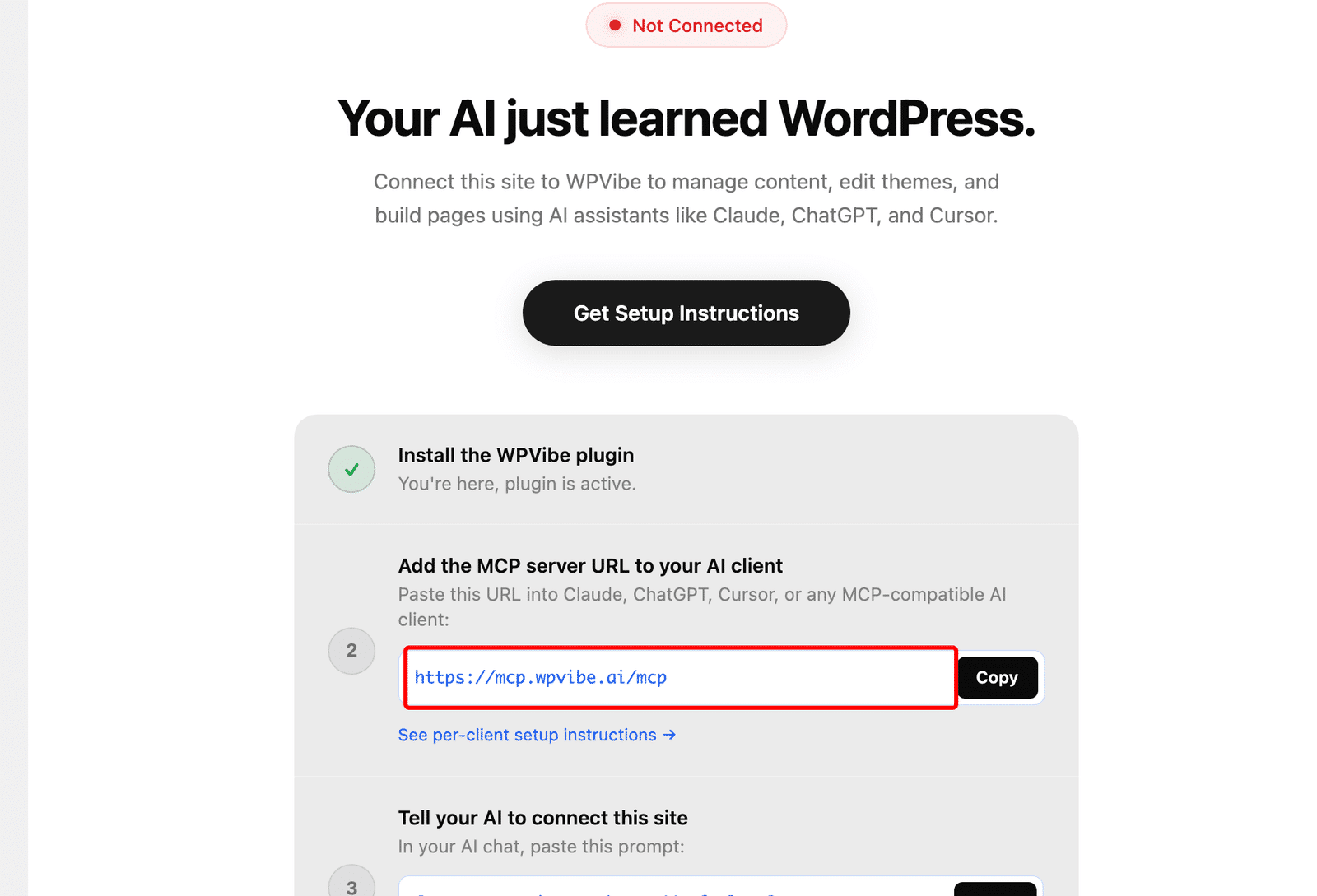 the WPVibe checklist showing the MCP server URL ready to copy
