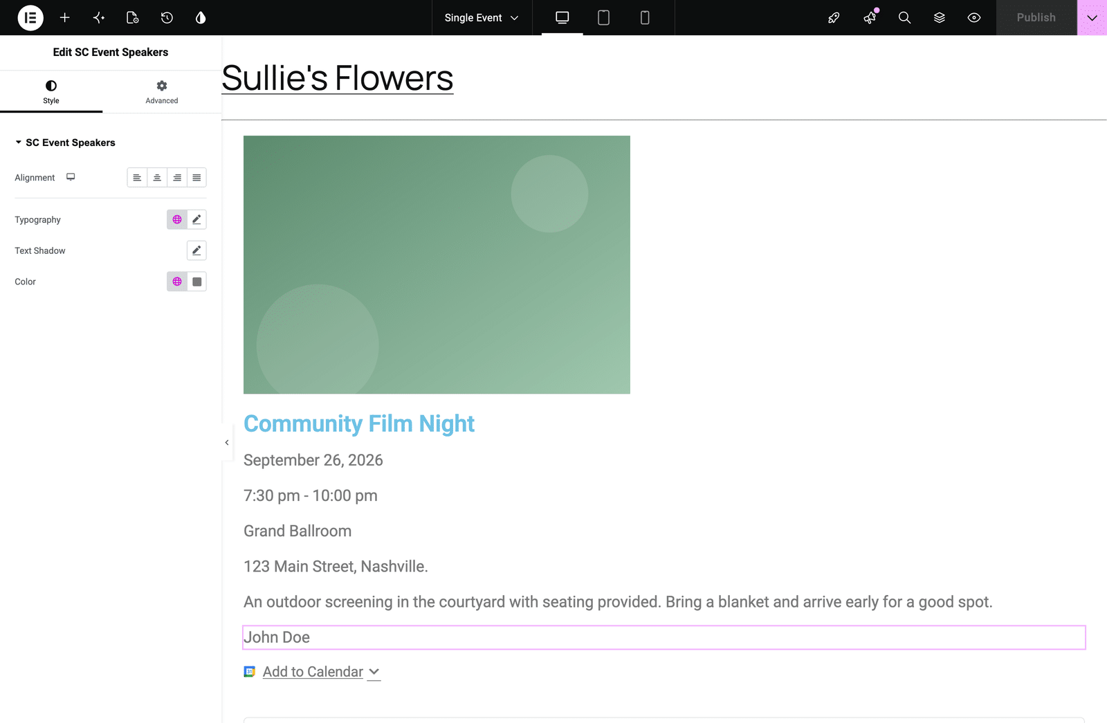 the SC Event Speakers widget placed in a Single Event template showing assigned speakers