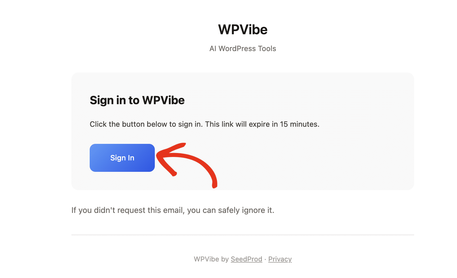 the WPVibe sign-in email with the Sign In button
