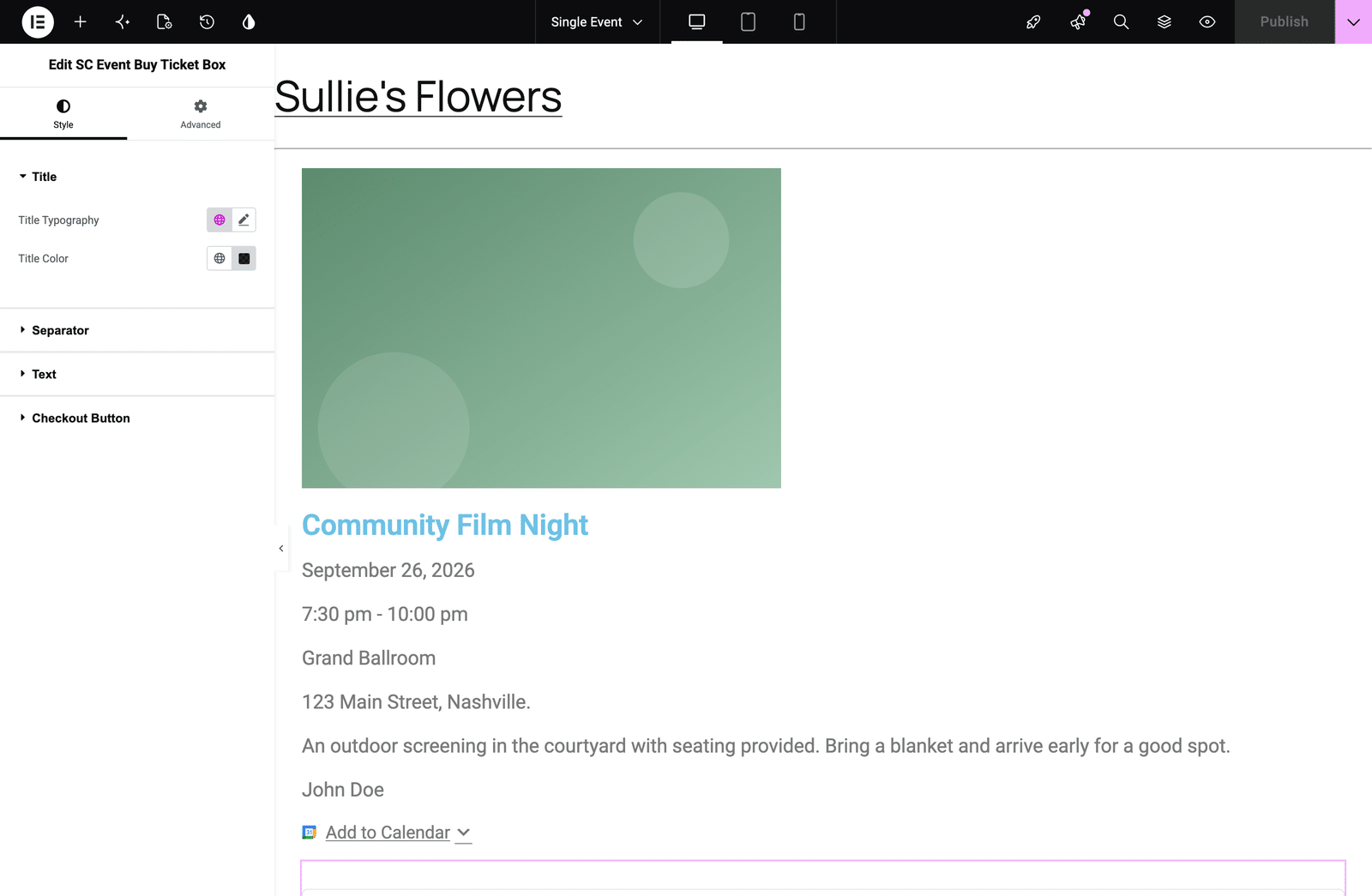 the SC Event Buy Ticket Box widget placed in a Single Event template