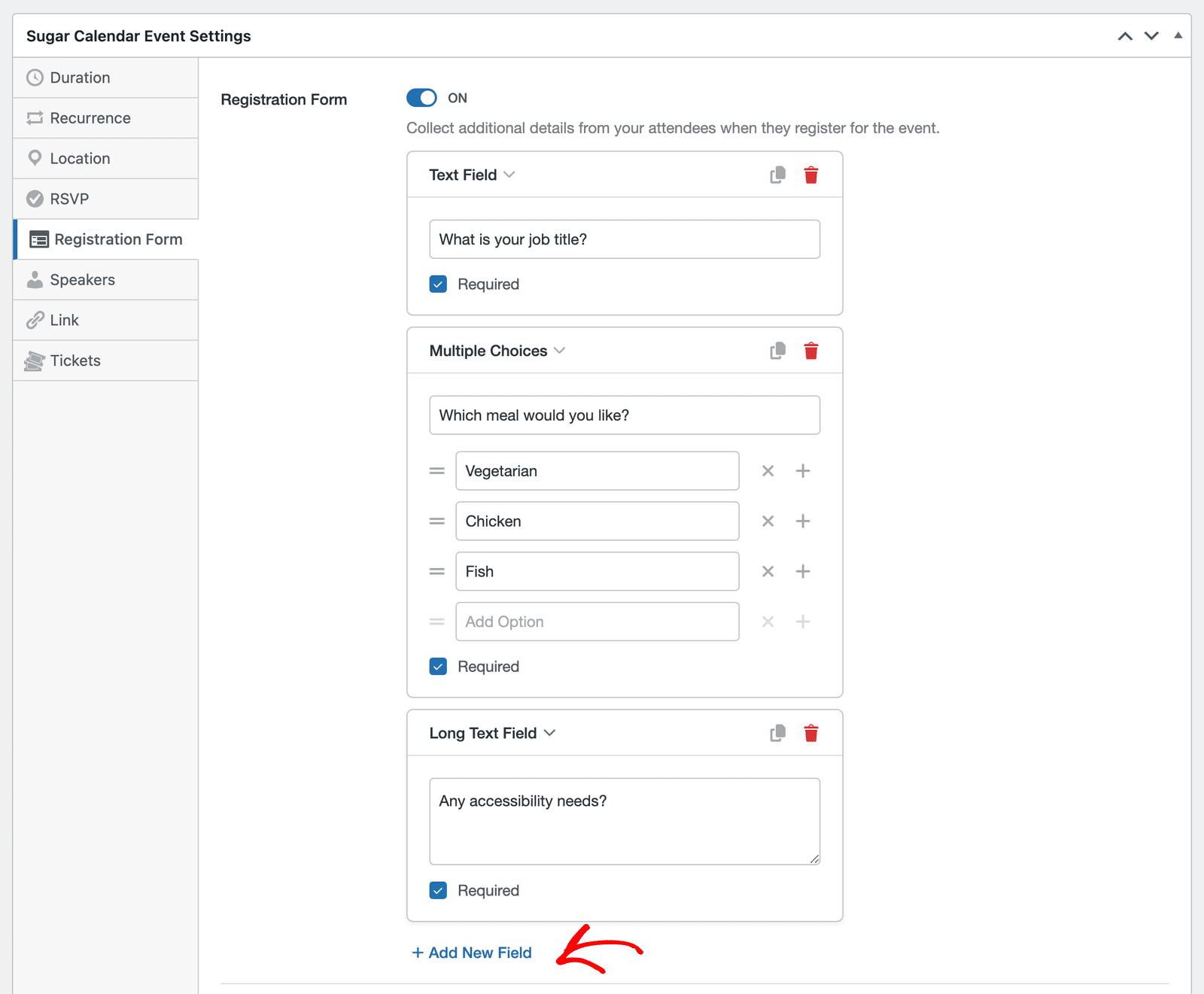 The Registration Form editor with three completed fields