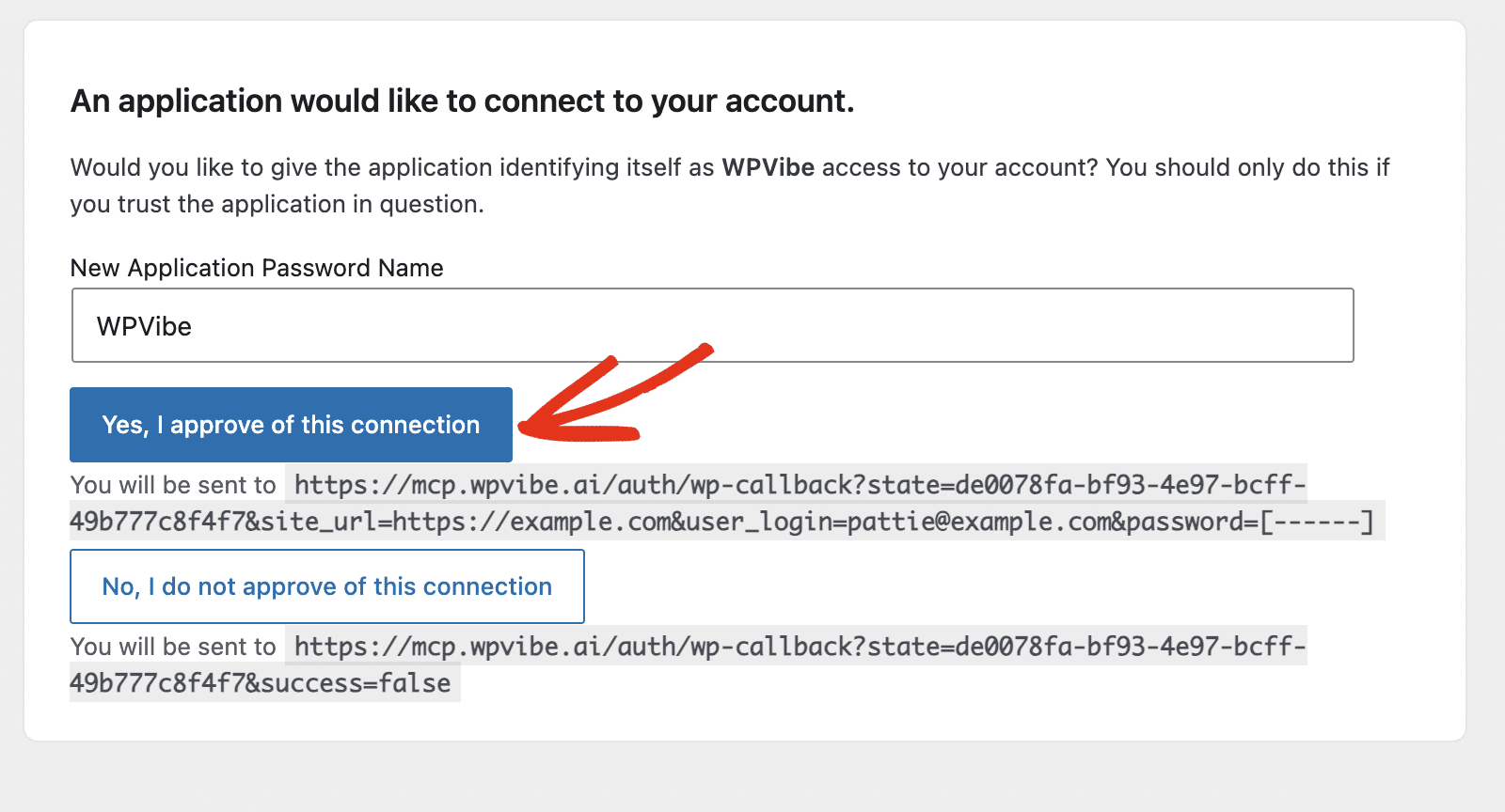 the WordPress authorization screen with the Yes, I approve of this connection button