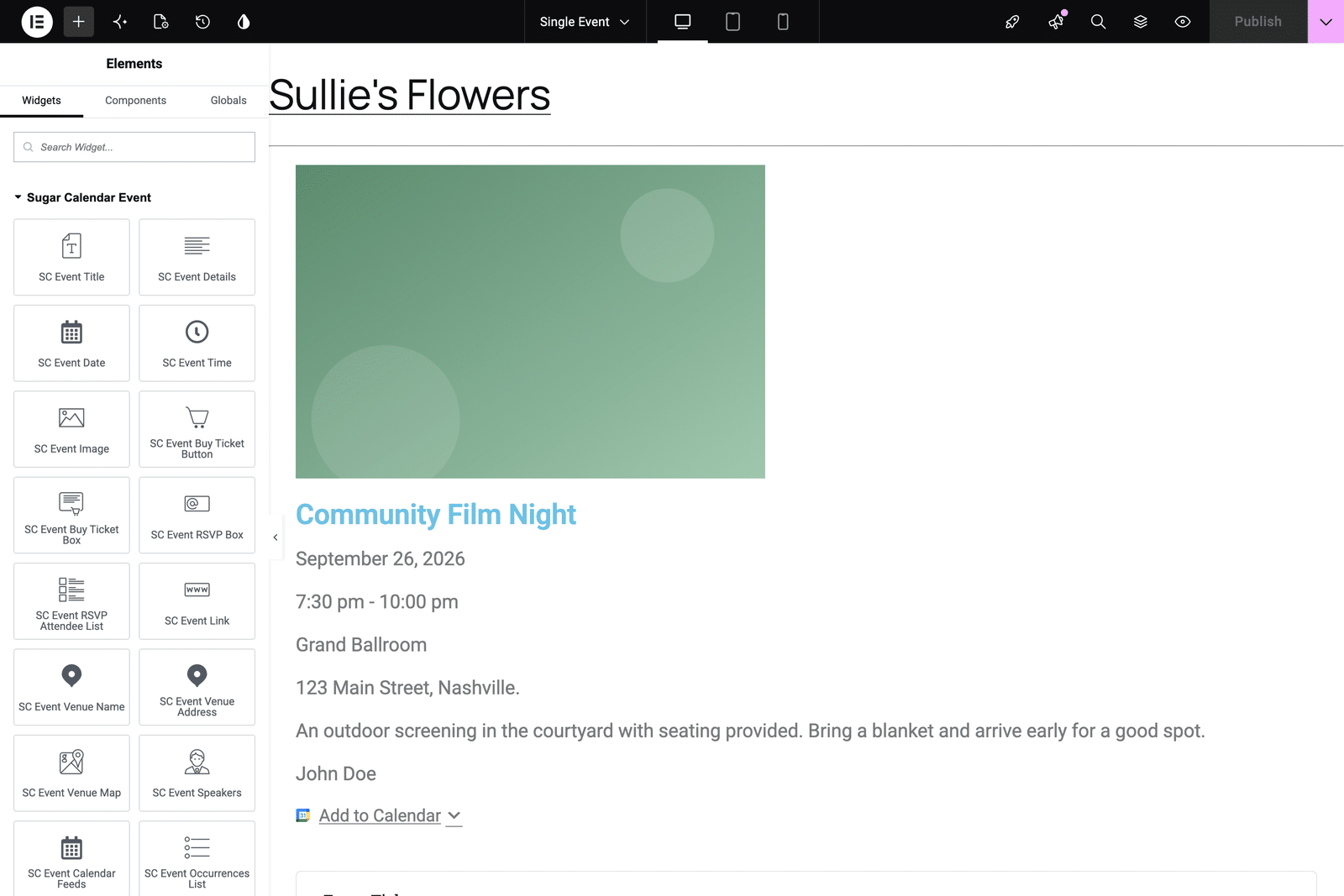 a Single Event template on the Elementor canvas with several SC Event widgets arranged into a layout
