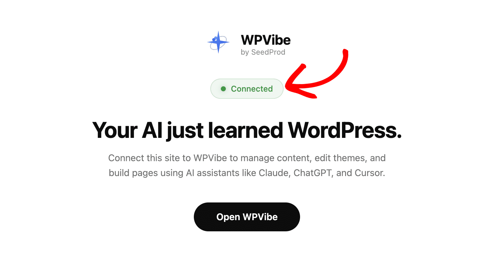 the WPVibe settings page showing the Connected label