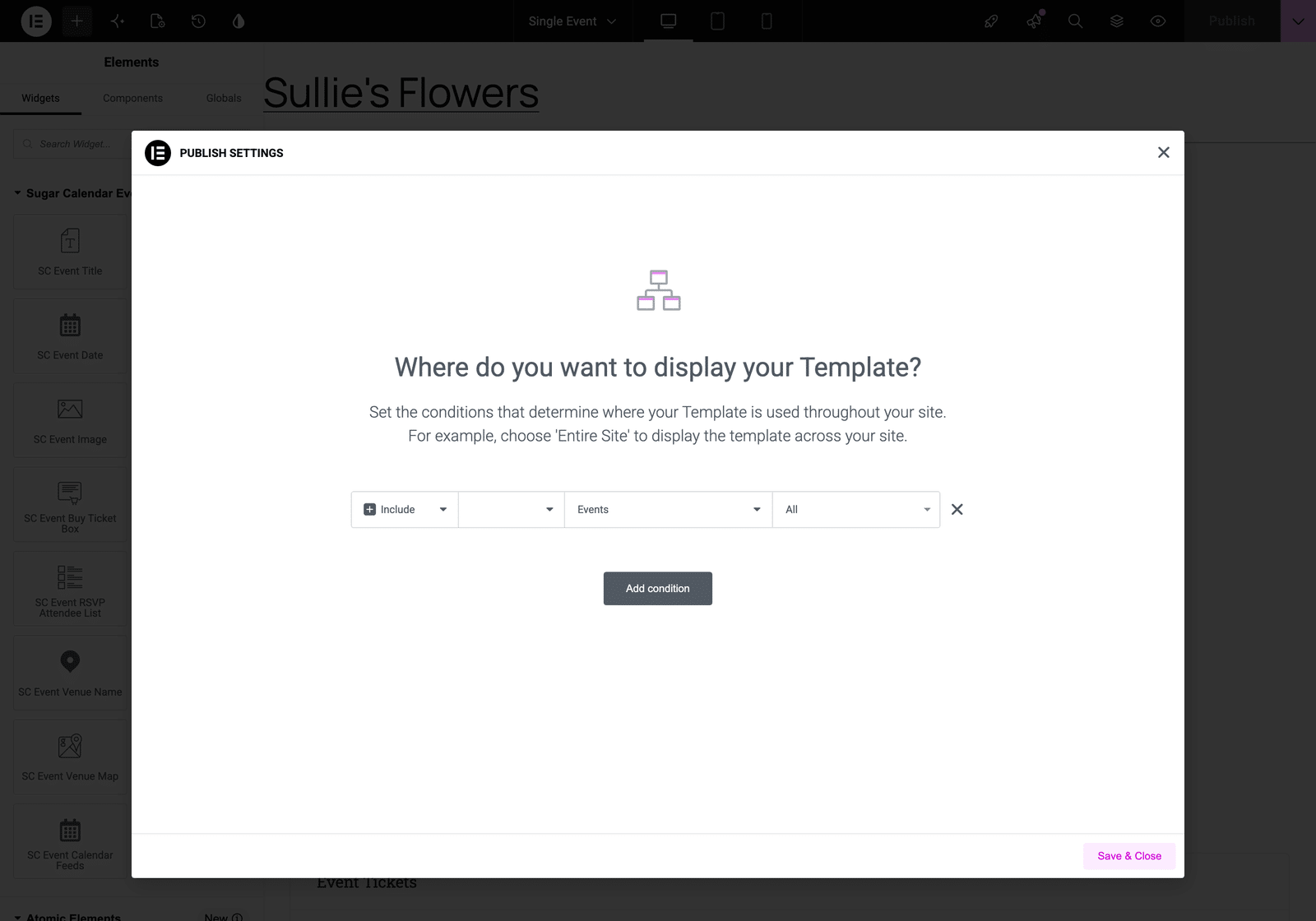 the Elementor publish conditions dialog set to apply the template to events