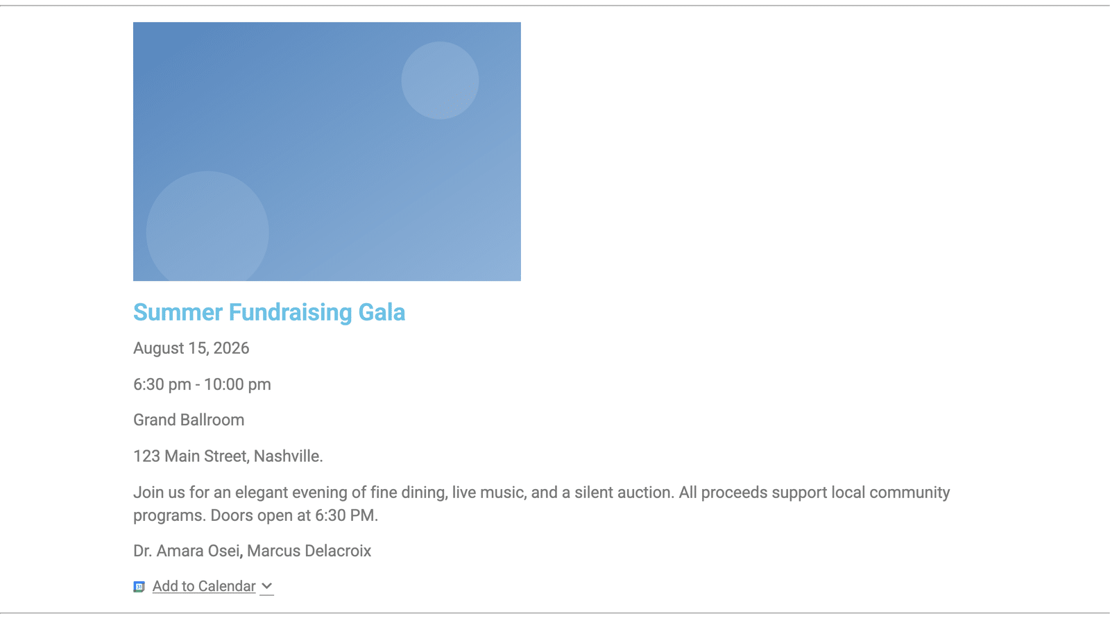 the front end of an event page rendered through the Single Event template