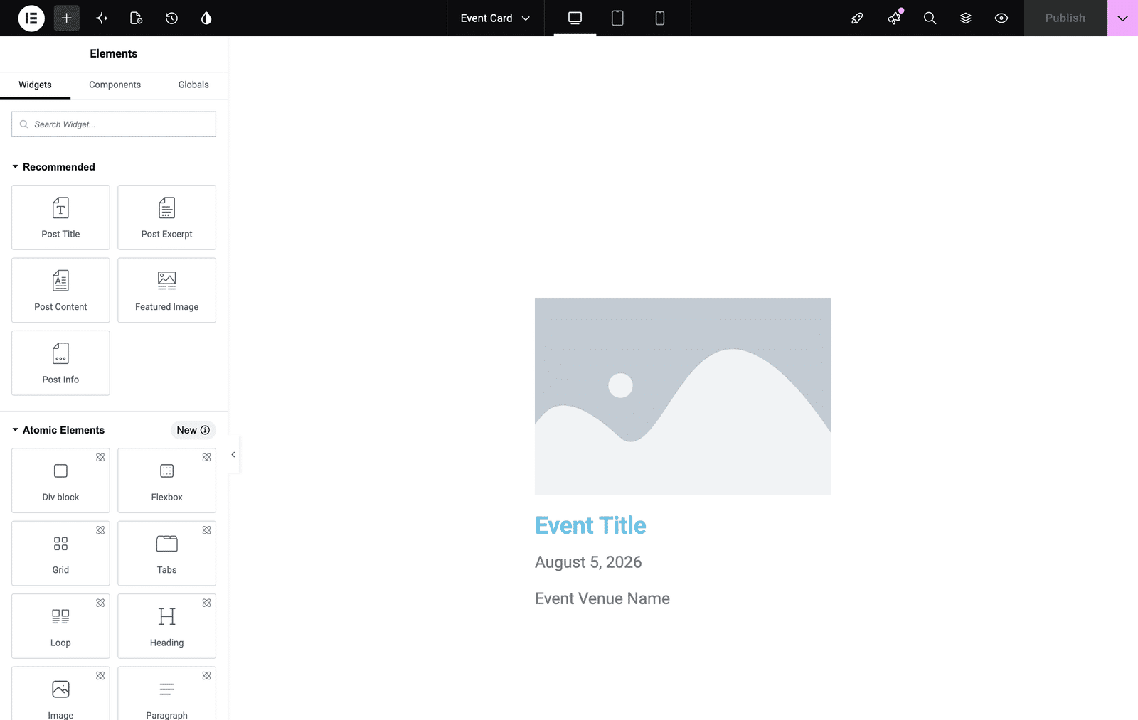 a Loop Item template being edited with SC Event widgets arranged as an event card