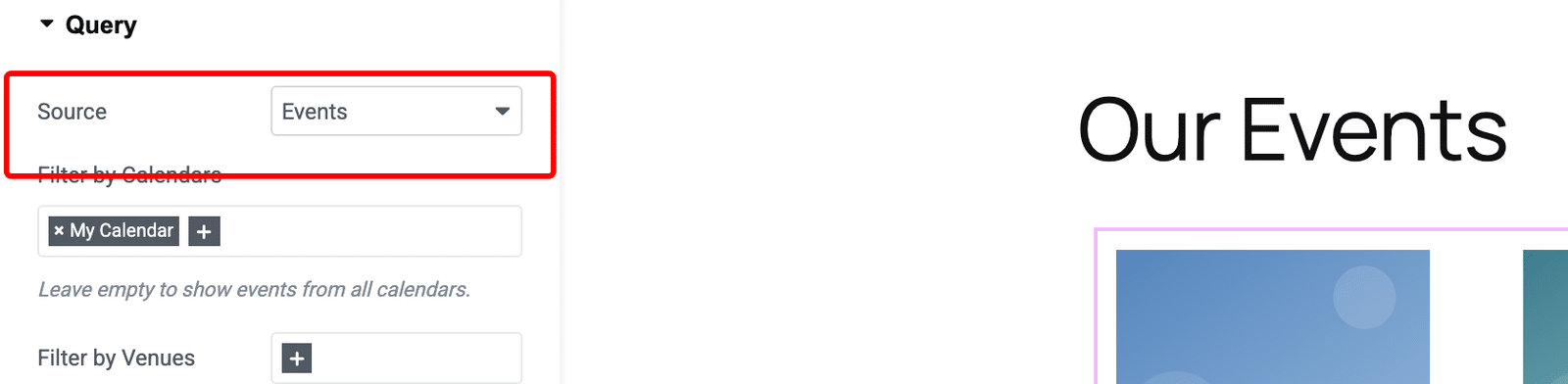 the Loop Grid Query section with the Source dropdown set to Events
