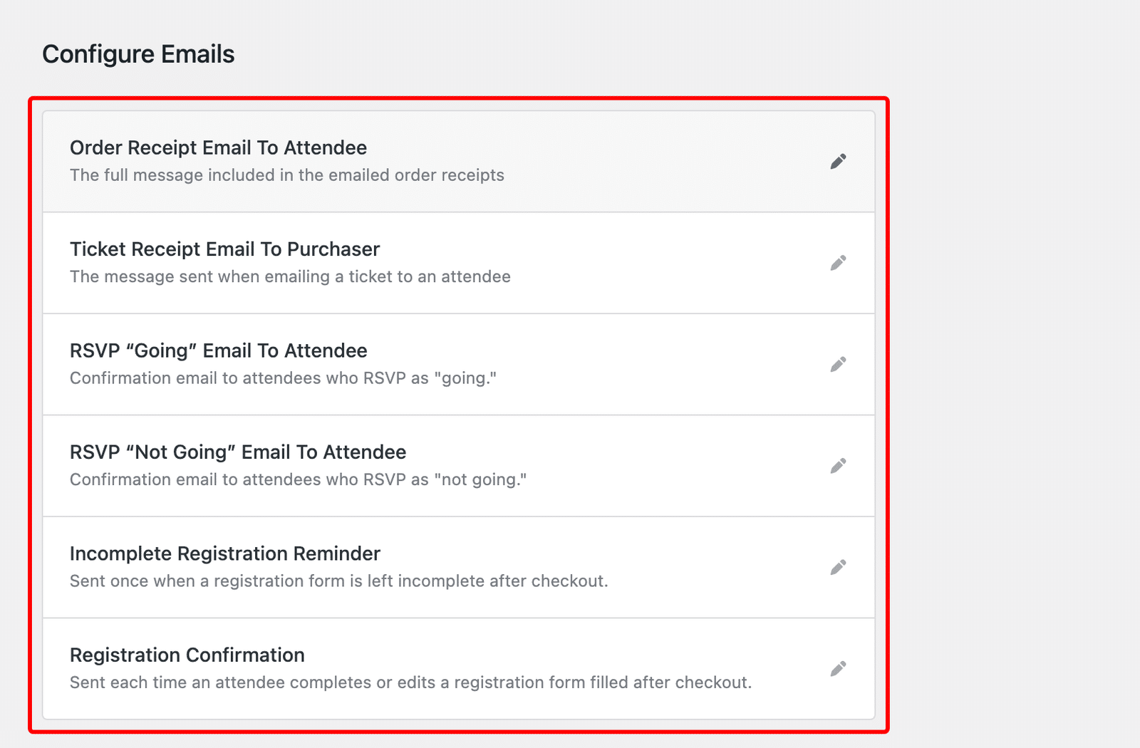 Registration emails in the Configure Emails list