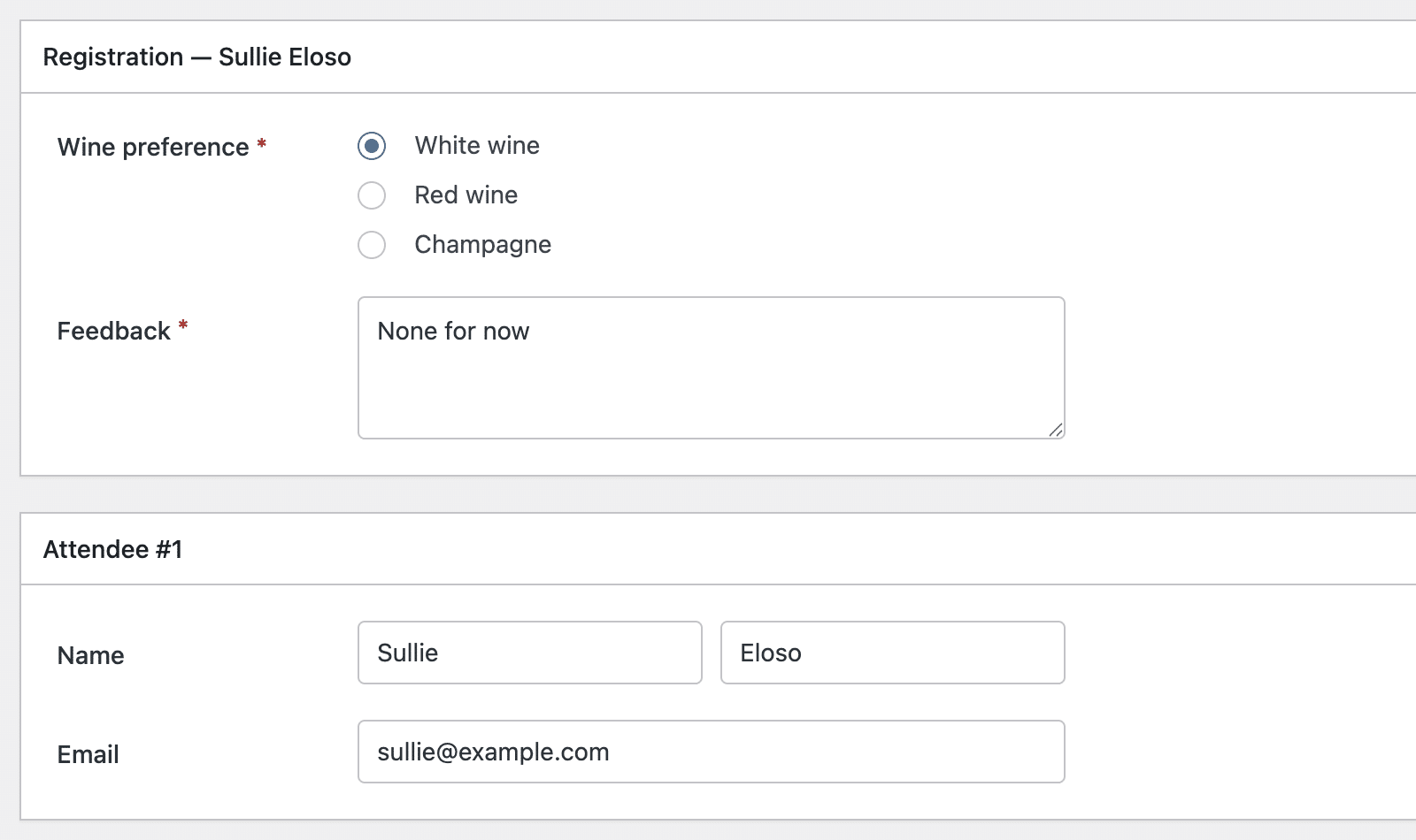 An attendee panel on an order showing registration answers