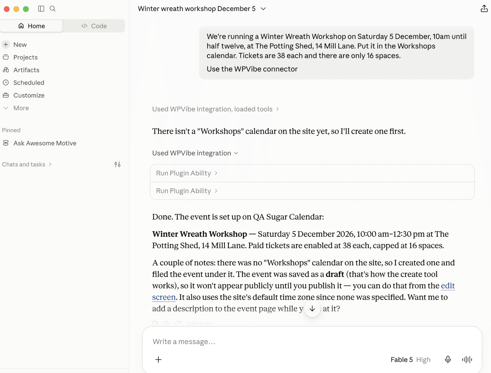 Creating an event in Sugar Calendar from Claude