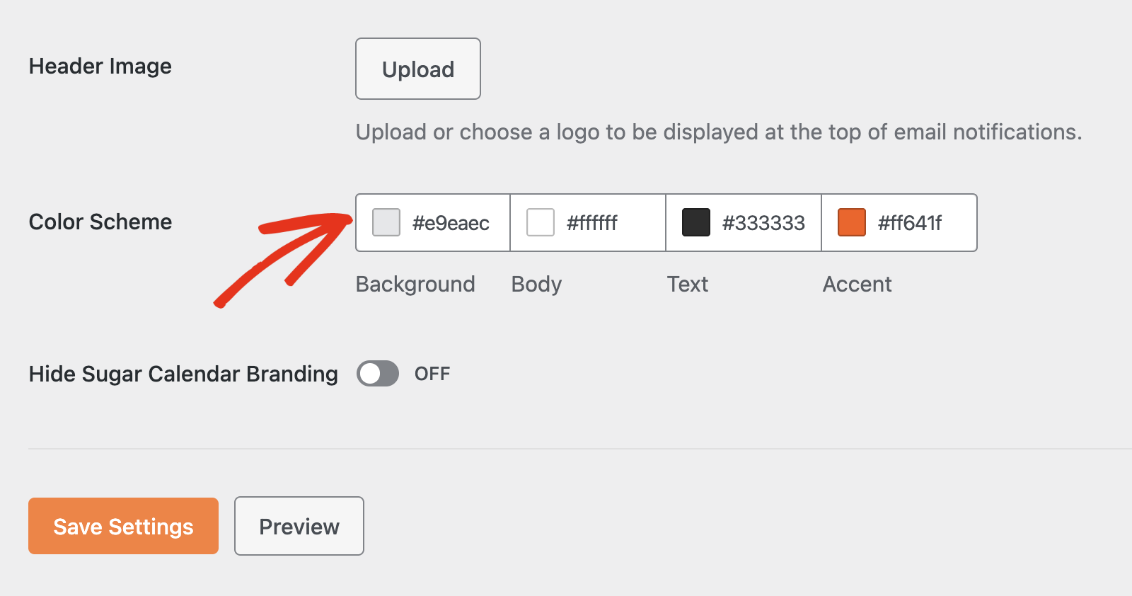 the Color Scheme control showing the four color inputs for Background, Body, Text, and Accent