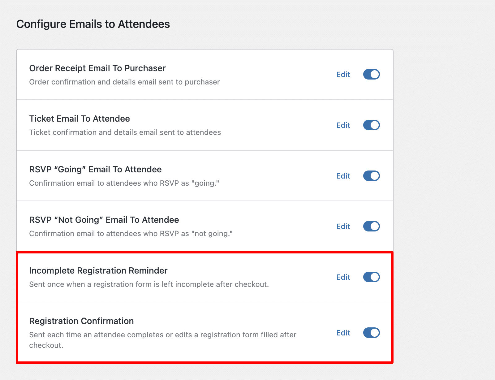 Registration emails in the Configure Emails list