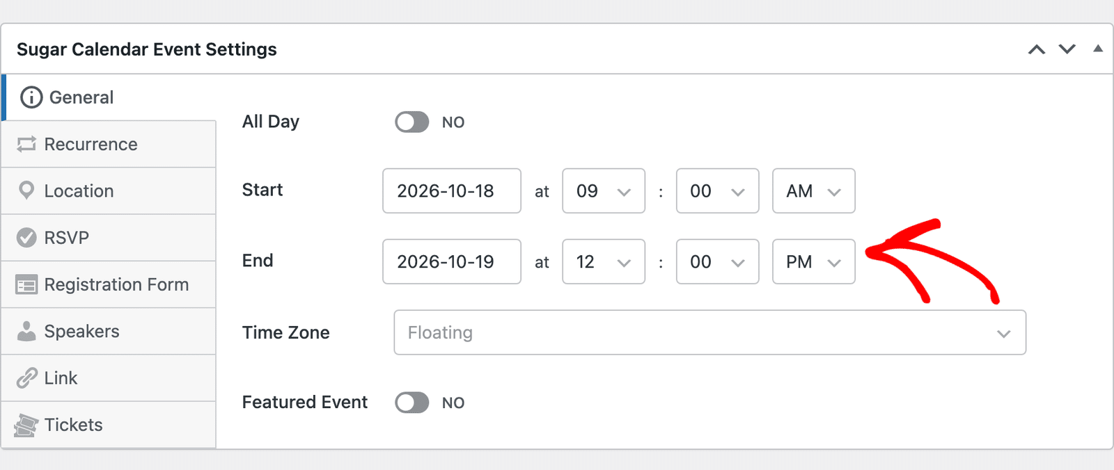 setting the end date and time