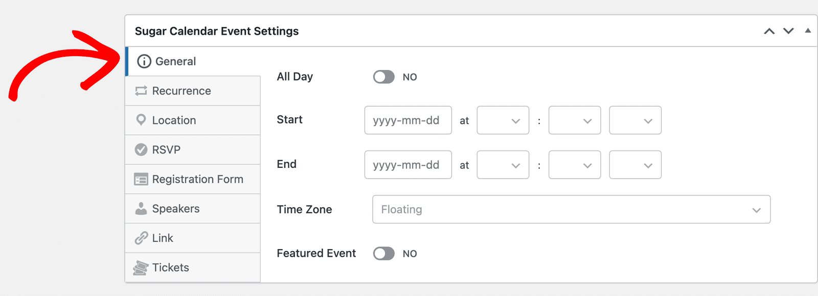 the General tab selected in the Sugar Calendar Event Settings box