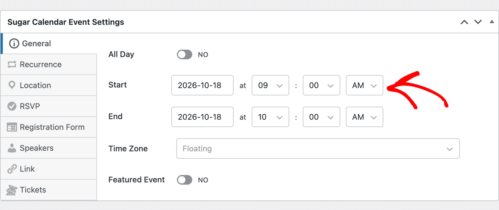 setting the event start time