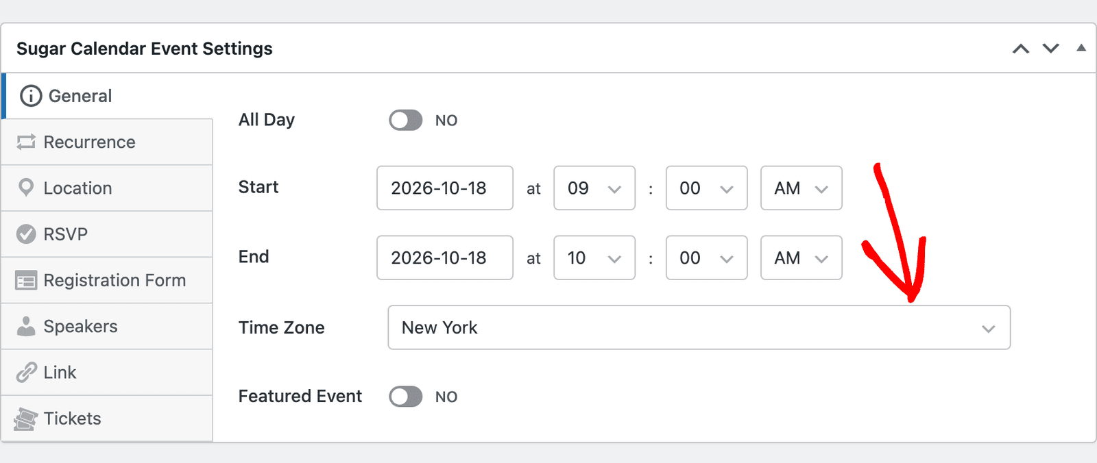 choosing a time zone for the event