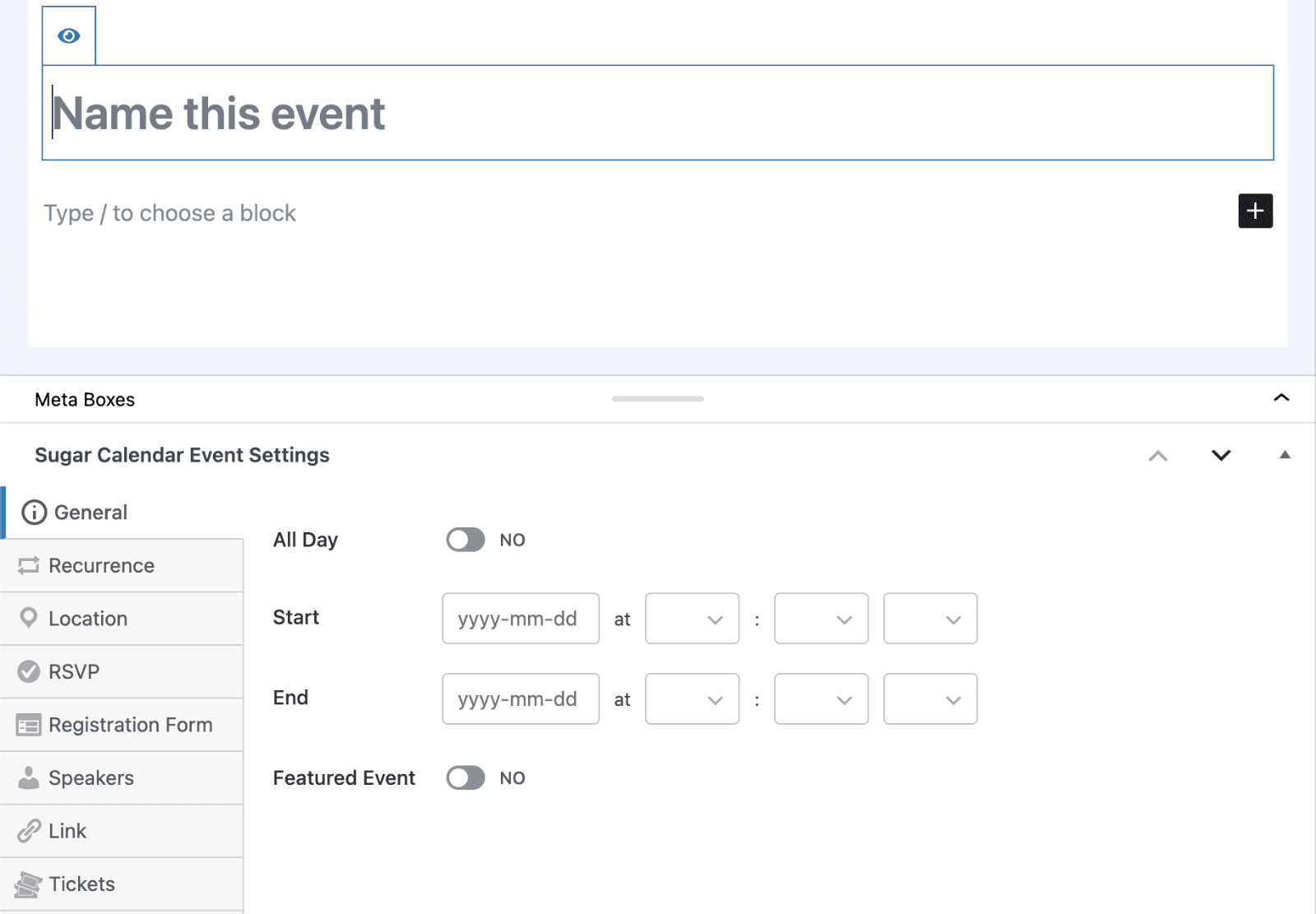 the Block Editor version of the event editor