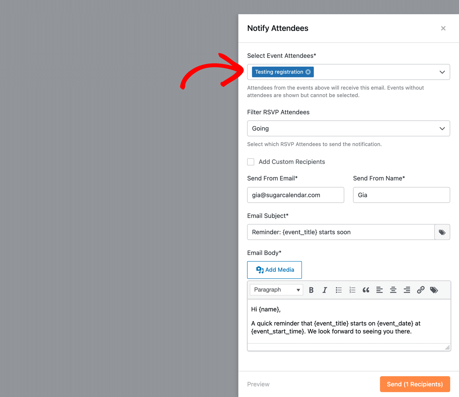 the Notify Attendees panel with an event selected and a message using Smart Tags