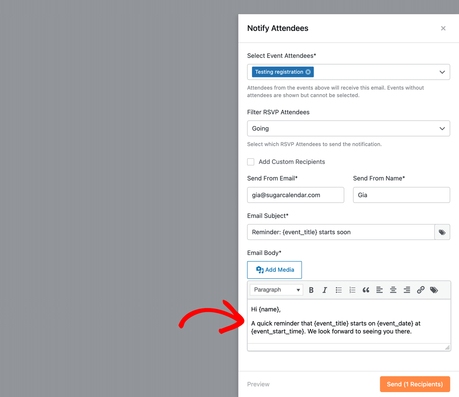 the Email Body editor with a message using Smart Tags
