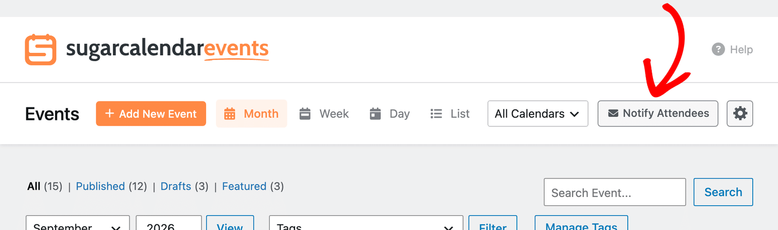 the Notify Attendees button at the top of the Events screen