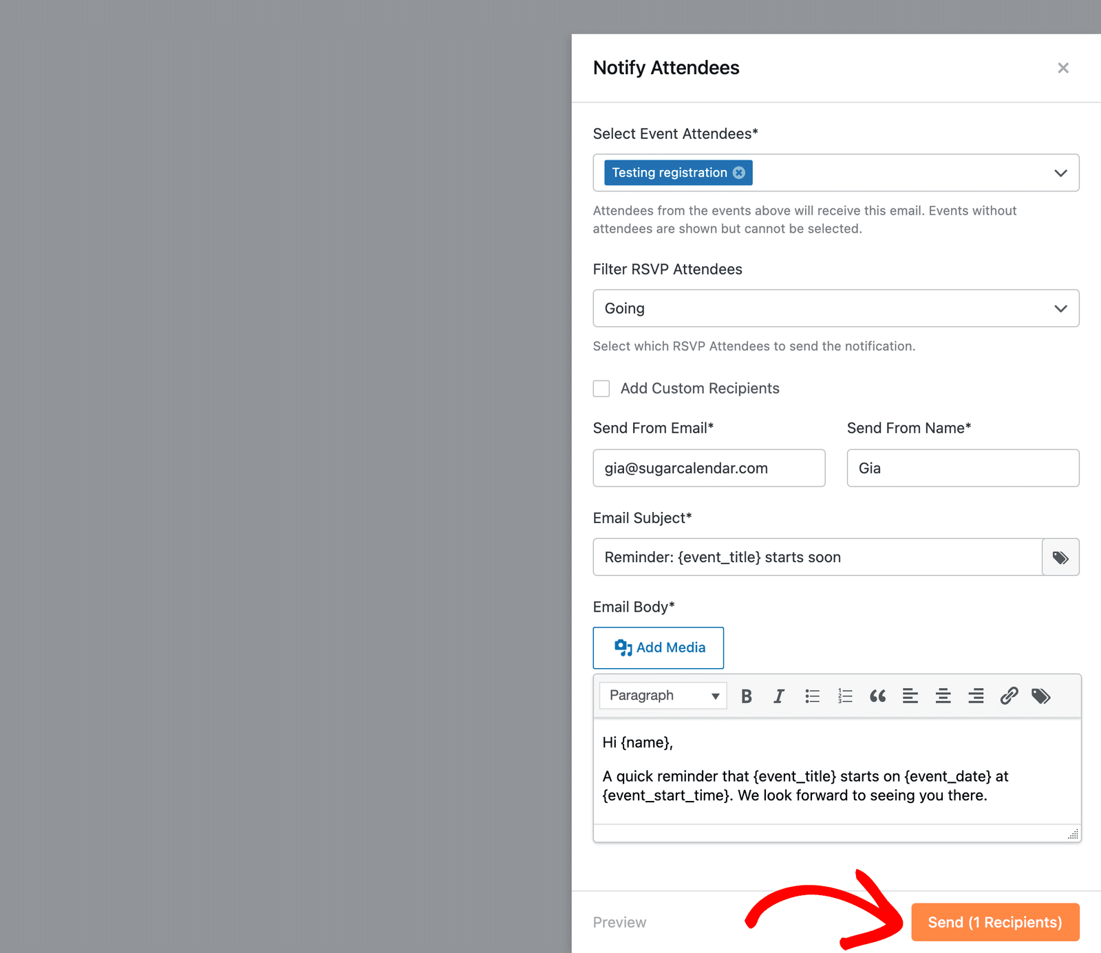 the Send button showing the number of recipients