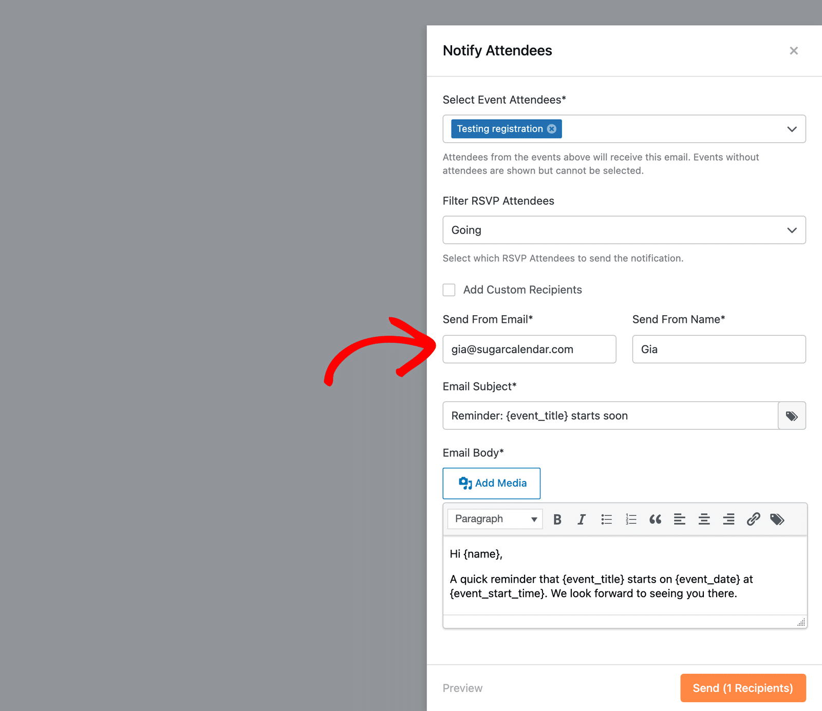 the Send From Email and Send From Name fields in the Notify Attendees panel