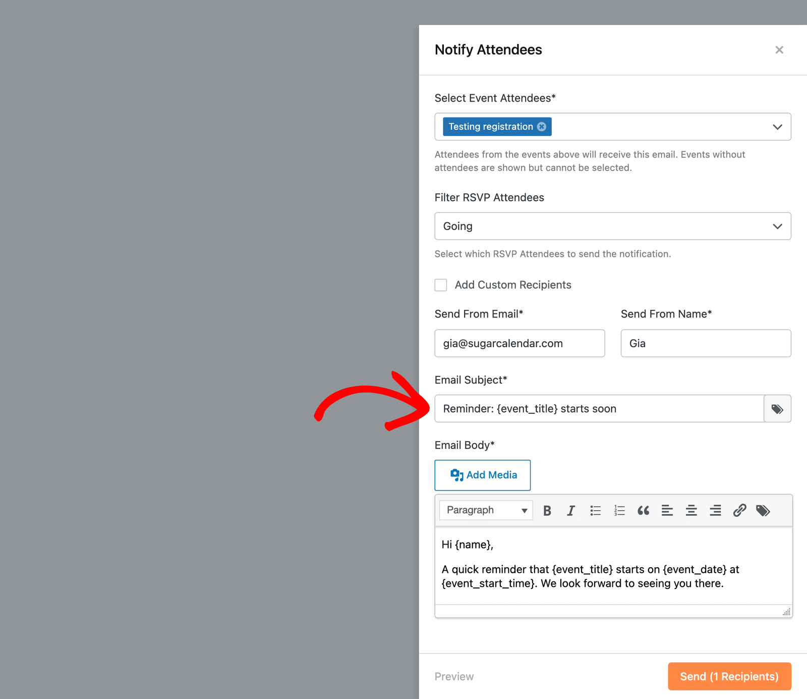 the Email Subject field with a Smart Tag in the Notify Attendees panel