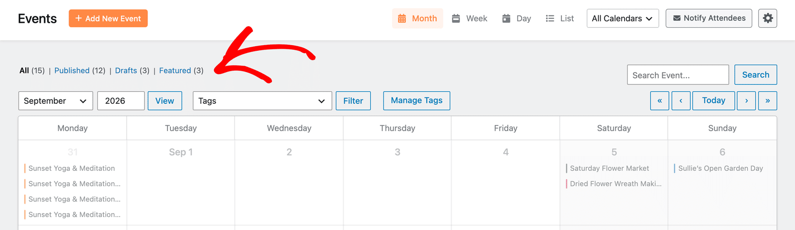 the status filters above the events calendar, including the Featured link